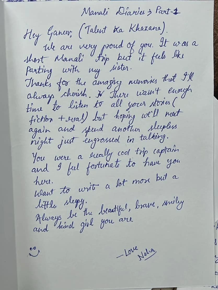 A handwritten letter headed 'Manali Diaries — Part 1', thanking the trip host, calling her a really cool trip captain, and signed 'Love, Neha' beside a small smiley face.